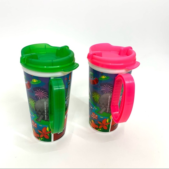Disney World Set Of Two Neon Whirley Travel Mugs With Handles Buzz Cars Nemo - Picture 4 of 16